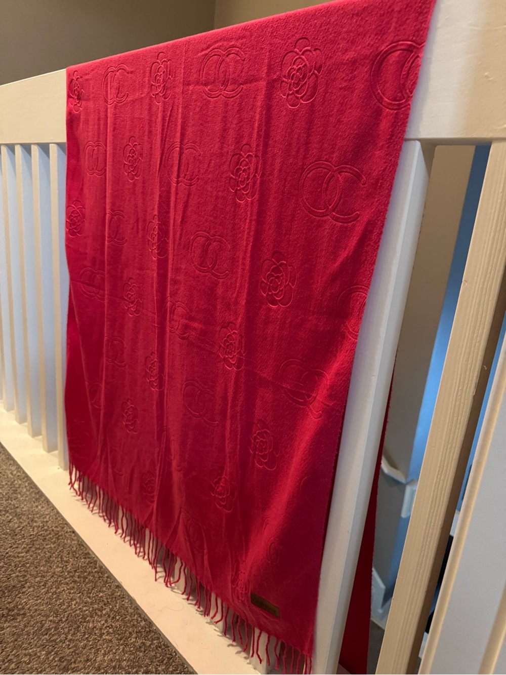 NiceCotton Hot Pink Embossed Floral & CC Motif Fringe Scarf Wrap 6ft Polyester
